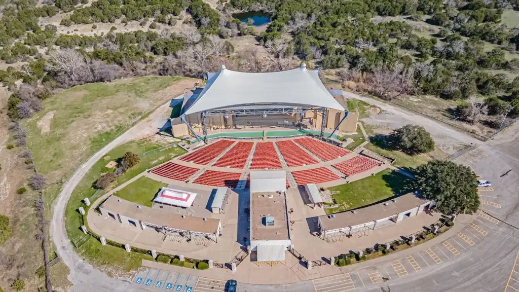 Aerial view of the Texas Amphitheater stage and seating in Glen Rose Texas