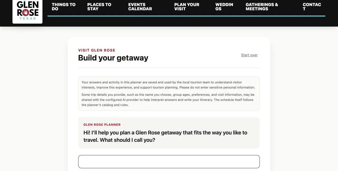 Screenshot of the Glen Rose itinerary builder